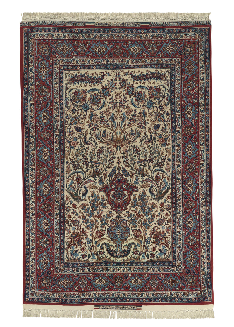35646 Persian Rug Isfahan Handmade Area Traditional 4'1'' x 6'3'' -4x6- Red Whites Beige Tree of Life Animals Seirafian Design