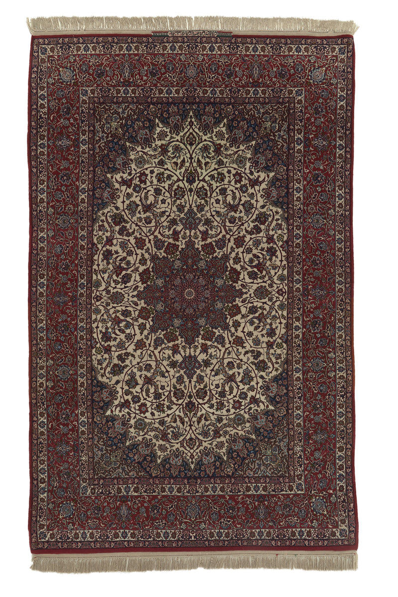 35648 Persian Rug Isfahan Handmade Area Traditional 4'11'' x 8'0'' -5x8- Red Whites Beige Floral Shah Abbasi Seirafian Design