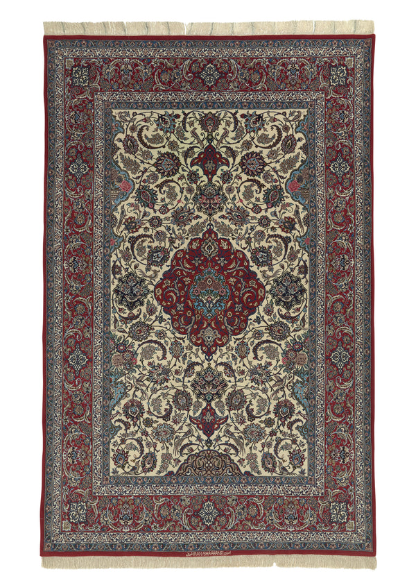 35649 Persian Rug Isfahan Handmade Area Traditional 5'0'' x 7'11'' -5x8- Red Whites Beige Floral Shah Abbasi Design