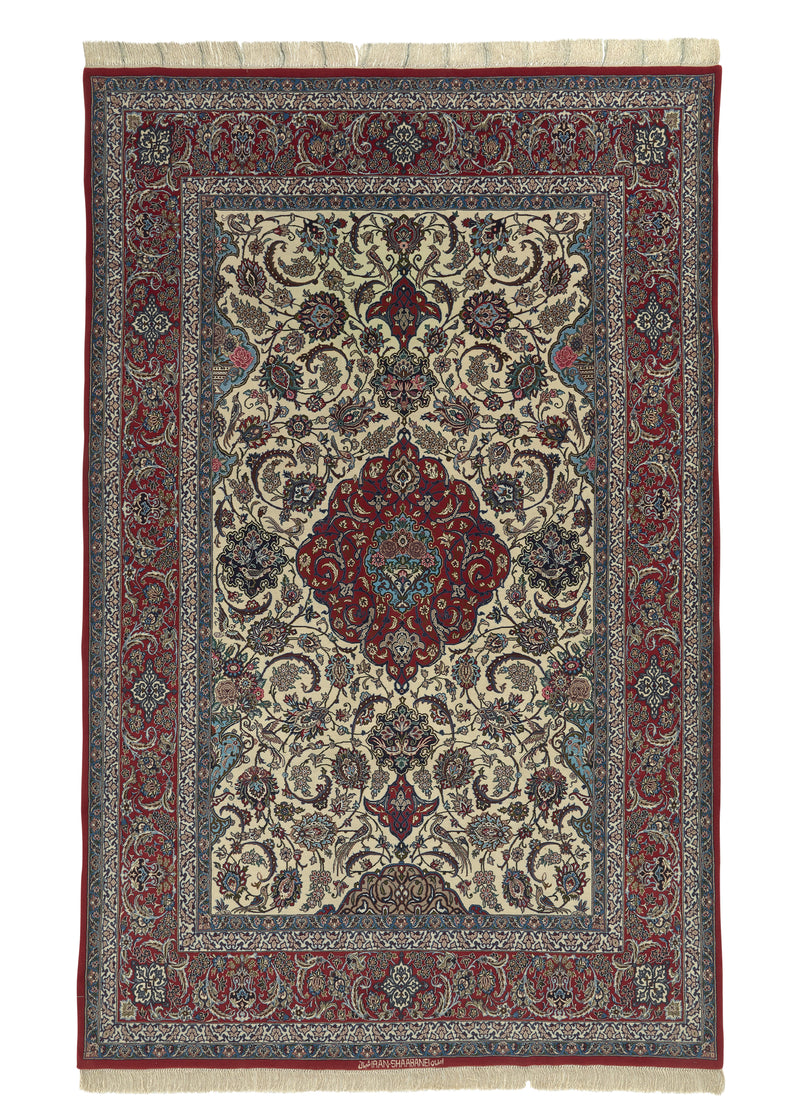 35649 Persian Rug Isfahan Handmade Area Traditional 5'0'' x 7'11'' -5x8- Red Whites Beige Floral Shah Abbasi Design