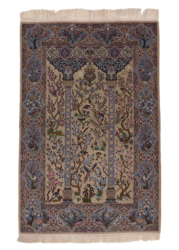 35677 Persian Rug Isfahan Handmade Area Traditional 3'7'' x 5'5'' -4x5- Whites Beige Blue Tree of Life Design