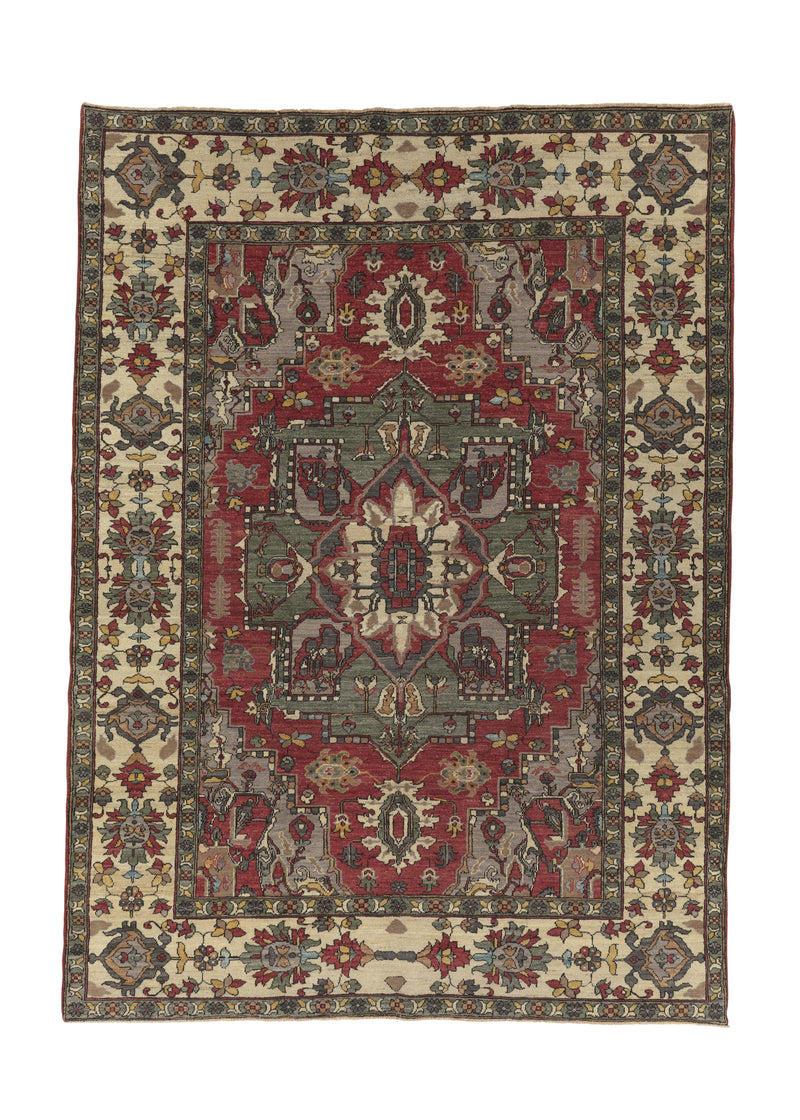 35714 Oriental Rug Pakistani Handmade Area Transitional 6'1'' x 8'6'' -6x9- Red Green Whites Beige Heriz Design