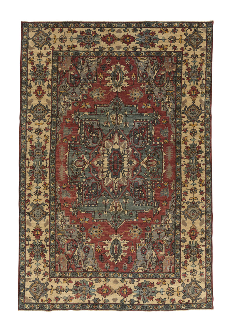 35718 Oriental Rug Pakistani Handmade Area Transitional 6'2'' x 9'4'' -6x9- Red Green Whites Beige Heriz Design