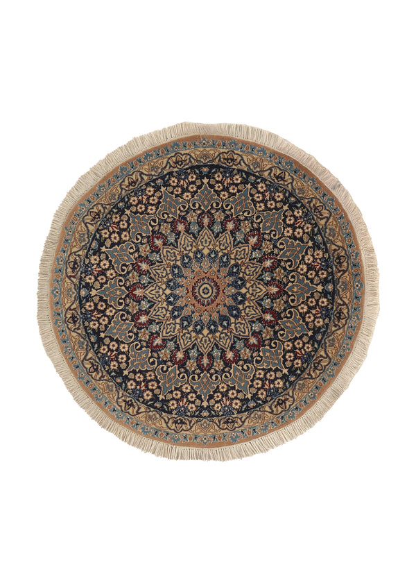 35736 Persian Rug Nain Handmade Round Traditional 3'4'' x 3'4'' -3x3- Whites Beige Blue Floral Design