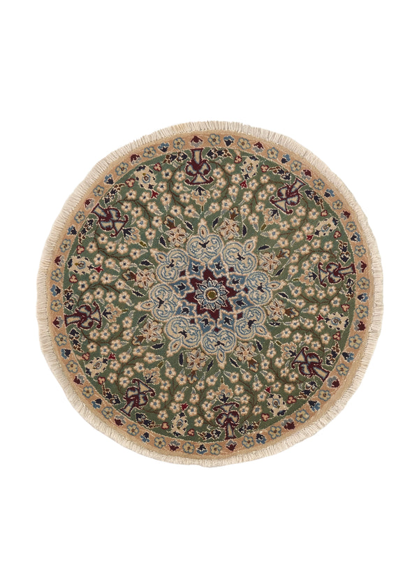 35737 Persian Rug Nain Handmade Round Traditional 2'6'' x 2'6'' -3x3- Green Floral Design
