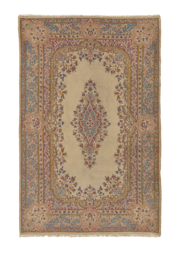 35822 Persian Rug Kerman Handmade Area Traditional 3'10'' x 5'11'' -4x6- Whites Beige Pink Open Field Floral Design