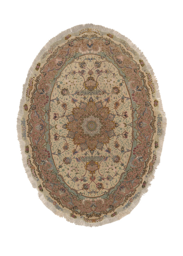35844 Persian Rug Tabriz Handmade Round Traditional 5'0'' x 7'0'' -5x7- Pink Whites Beige Naghsh Floral Design