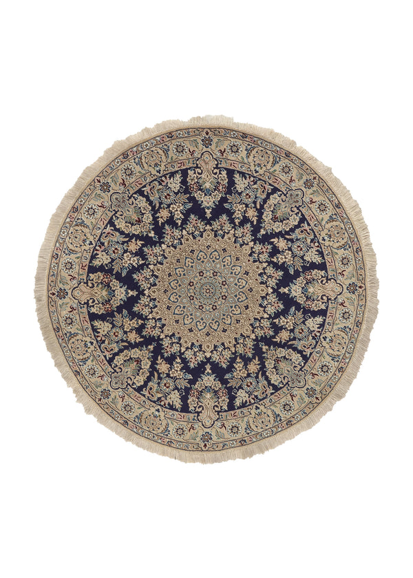 35847 Persian Rug Nain Handmade Round Traditional 4'10'' x 4'10'' -5x5- Whites Beige Blue Floral Design
