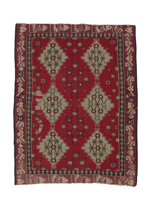 35855 Oriental Rug Turkish Handmade Area Antique Tribal 8'4'' x 10'1'' -8x10- Red Green Geometric Kilim Design