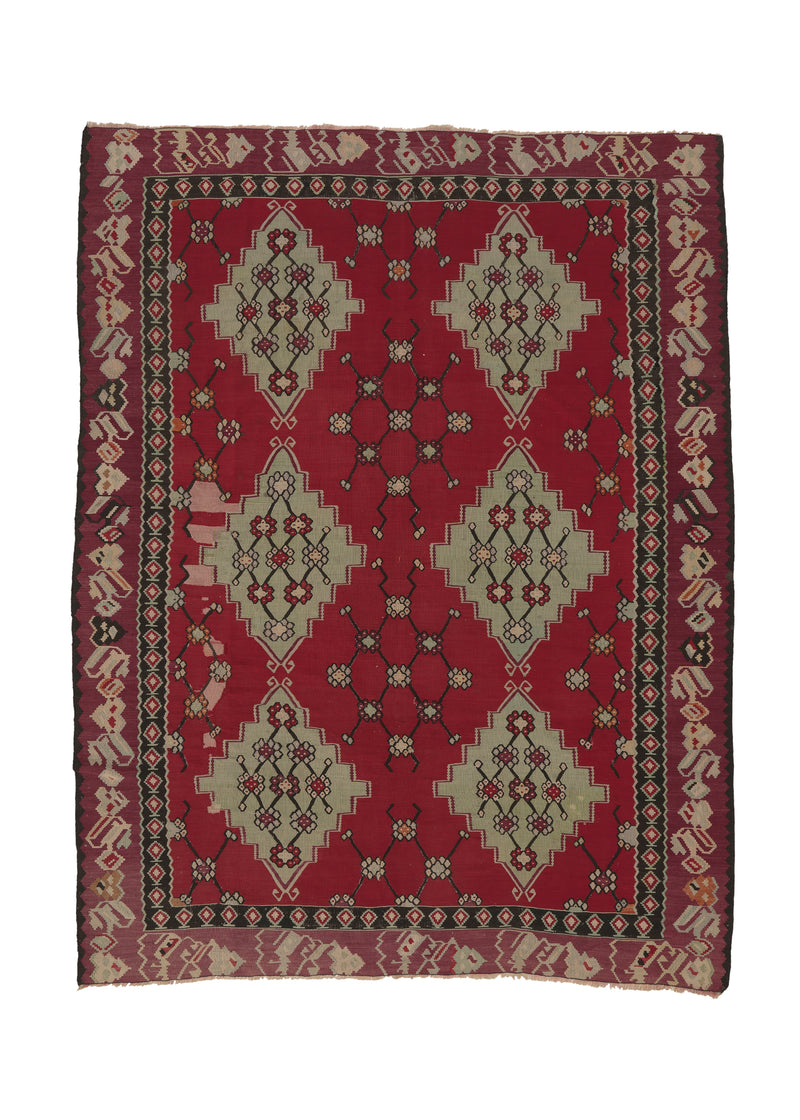 35855 Oriental Rug Turkish Handmade Area Antique Tribal 8'4'' x 10'1'' -8x10- Red Green Geometric Kilim Design