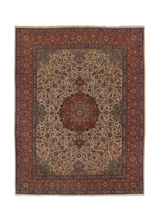 35868 Persian Rug Tabriz Handmade Area Traditional 9'10'' x 12'11'' -10x13- Red Whites Beige Green Floral Design