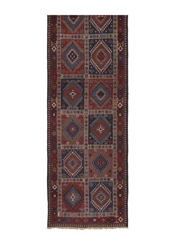 35916 Persian Rug Yalameh Handmade Runner Tribal 2'8'' x 13'0'' -3x13- Red Blue Geometric Panel Design