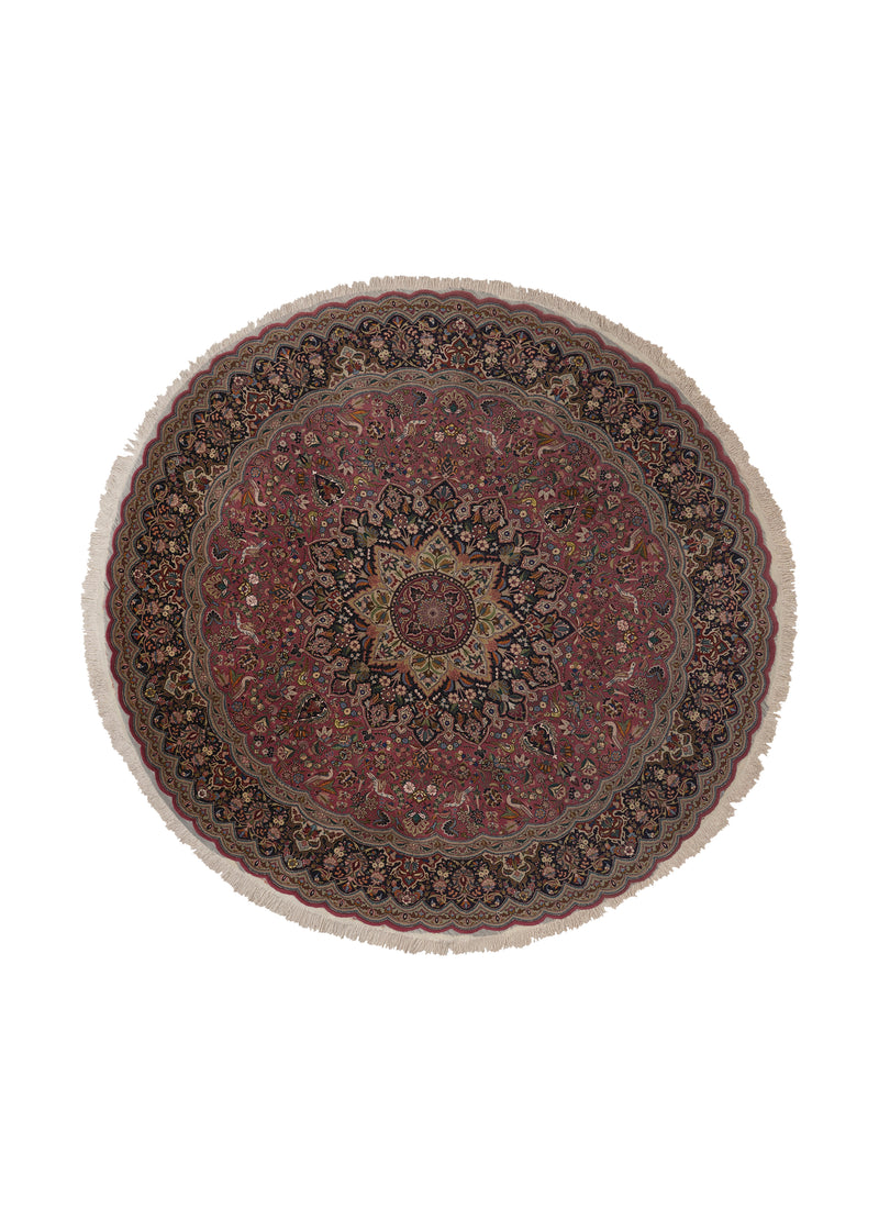 35926 Persian Rug Tabriz Handmade Round Traditional 7'9'' x 8'0'' -8x8- Pink Black Naghsh Animals Floral Design