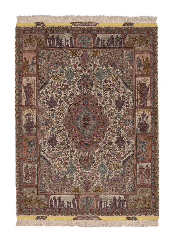 35932 Persian Rug Tabriz Handmade Area Traditional 5'0'' x 6'7'' -5x7- Pink Purple Whites Beige Naghsh Historical Design