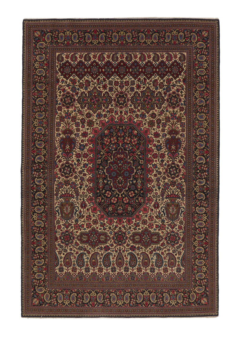 35949 Persian Rug Qum Handmade Area Traditional 4'7'' x 7'0'' -5x7- Whites Beige Green Red Paisley Boteh Design