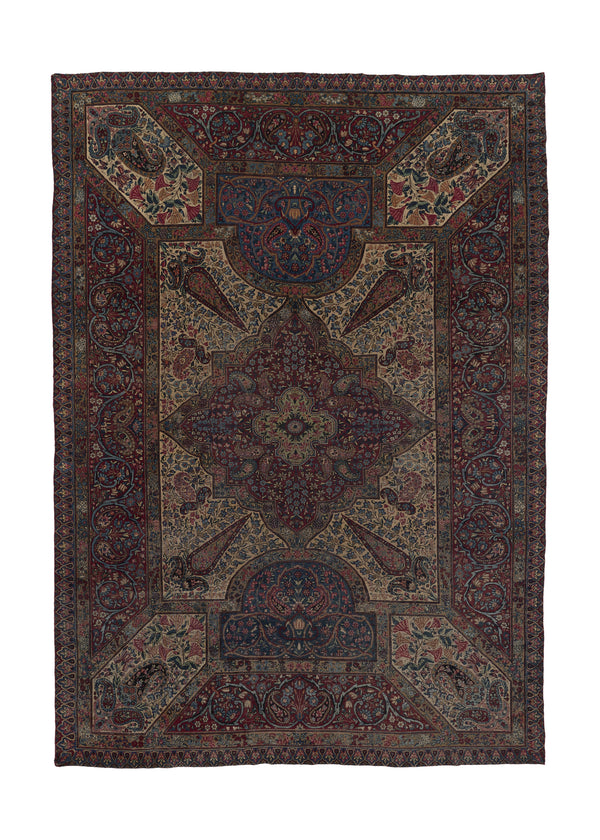 35977 Persian Rug Lavar Kerman Handmade Area Antique Traditional 9'3'' x 13'1'' -9x13- Red Whites Beige Blue Unusual Paisley Boteh Floral Design