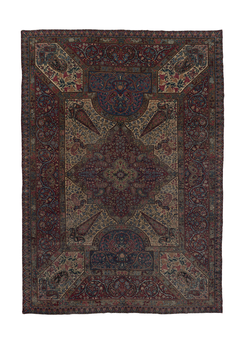35977 Persian Rug Lavar Kerman Handmade Area Antique Traditional 9'3'' x 13'1'' -9x13- Red Whites Beige Blue Unusual Paisley Boteh Floral Design