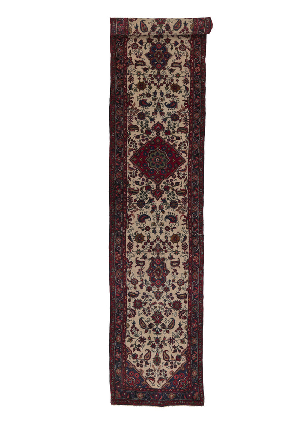 35998 Persian Rug Hamadan Handmade Runner Tribal 2'11'' x 13'7'' -3x14- Whites Beige Red Floral Design