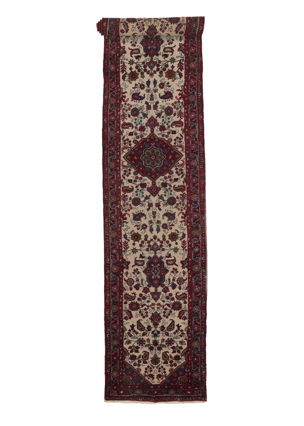 35999 Persian Rug Hamadan Handmade Runner Tribal 2'9'' x 13'10'' -3x14- Red Whites Beige Floral Design