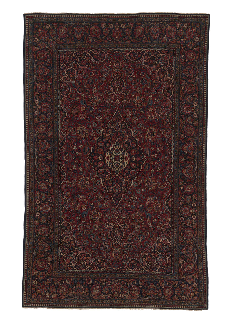 36015 Persian Rug Kashan Handmade Area Antique Traditional 4'2'' x 6'8'' -4x7- Red Blue Toranj Mehrab Floral Design