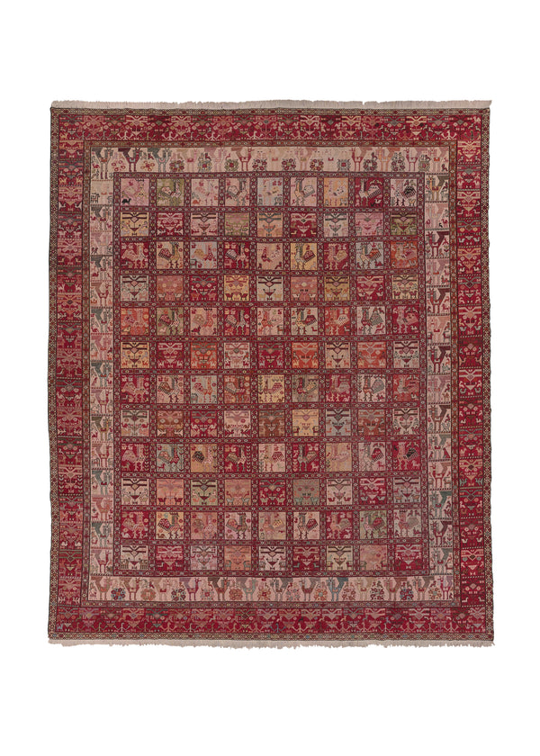 36038 Persian Rug Azerbaijan Handmade Area Tribal 9'10'' x 12'2'' -10x12- Red Whites Beige Animals Garden Design