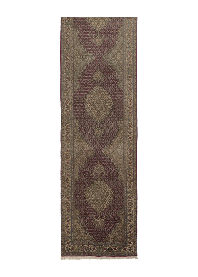 36039 Oriental Rug Indian Handmade Runner Traditional 2'8'' x 13'3'' -3x13- Red Whites Beige Mahi Fish Tabriz Design