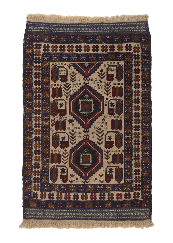 36053 Persian Rug Baloch Handmade Area Tribal 2'10'' x 3'10'' -3x4- Whites Beige Blue Geometric Design