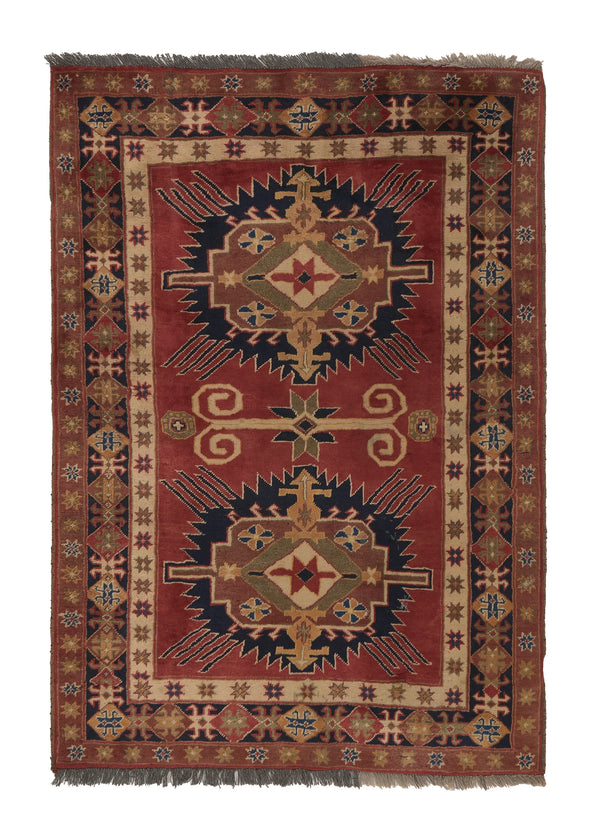 36062 Oriental Rug Afghan Handmade Area Tribal 3'7'' x 4'10'' -4x5- Red Open Field Geometric Design