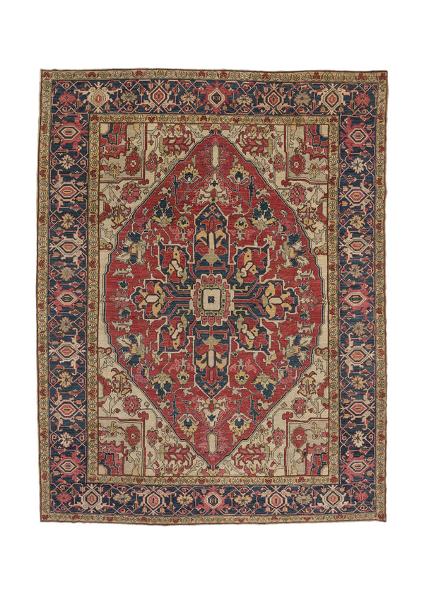 36090 Oriental Rug Afghan Handmade Area Tribal Transitional 9'1'' x 11'11'' -9x12- Red Blue Whites Beige Heriz Geometric Design