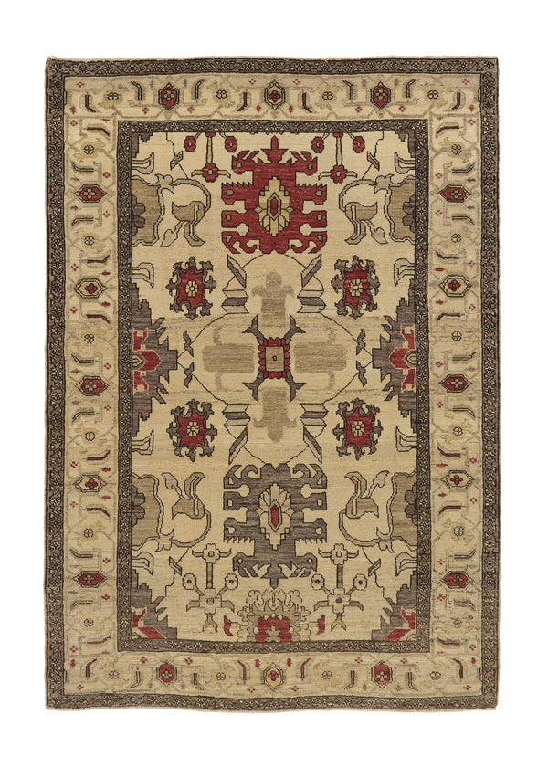 36103 Oriental Rug Pakistani Handmade Area Transitional Tribal 4'4'' x 6'1'' -4x6- Whites Beige Geometric Heriz Design
