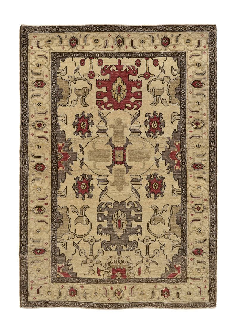 36103 Oriental Rug Pakistani Handmade Area Transitional Tribal 4'4'' x 6'1'' -4x6- Whites Beige Geometric Heriz Design