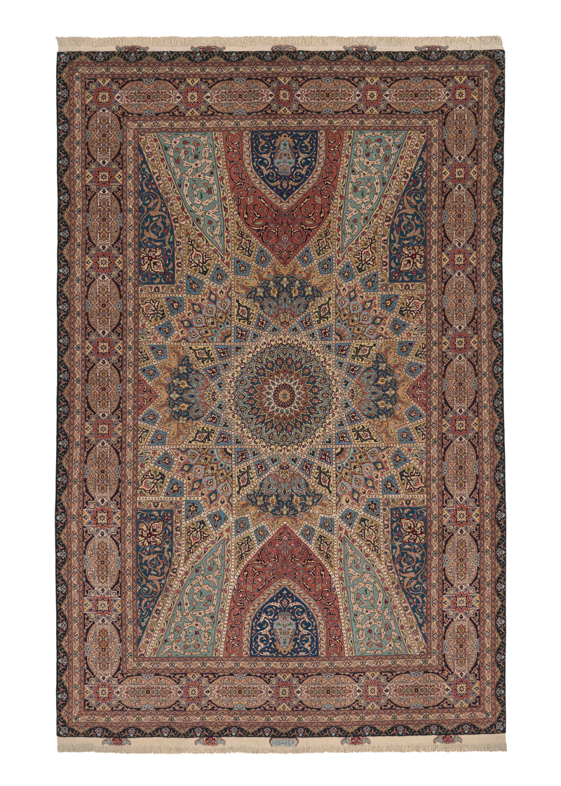 36109 Persian Rug Tabriz Handmade Area Traditional 6'6'' x 10'1'' -7x10- Blue Multi-color Dome Design