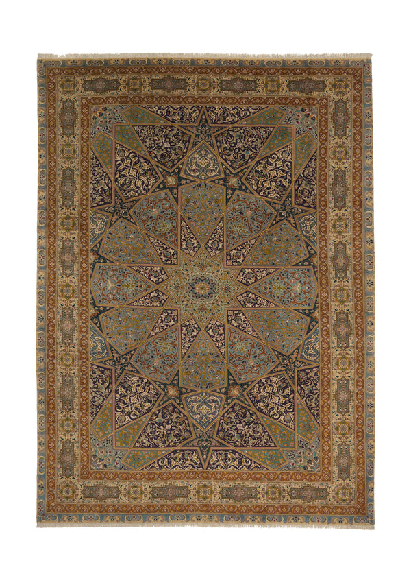 36111 Persian Rug Tabriz Handmade Area Traditional 8'3'' x 11'4'' -8x11- Green Yellow Gold Dome Design