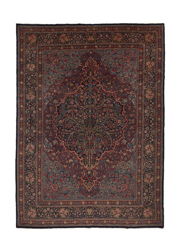 36113 Persian Rug Kerman Handmade Area Antique Traditional 8'10'' x 12'7'' -9x13- Red Blue Tree of Life Floral Design