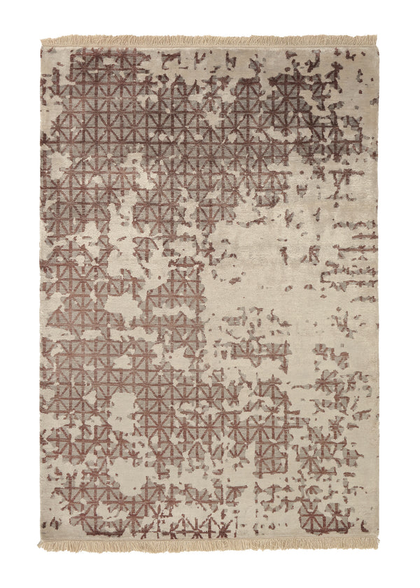 36123 Oriental Rug Indian Handmade Area Modern 4'2'' x 6'1'' -4x6- Whites Beige Gray Abstract Lattice Erased Design
