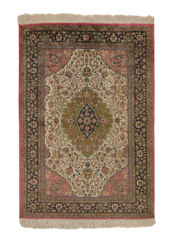 36137 Persian Rug Qum Handmade Area Traditional 3'6'' x 5'0'' -4x5- Green Pink Floral Design