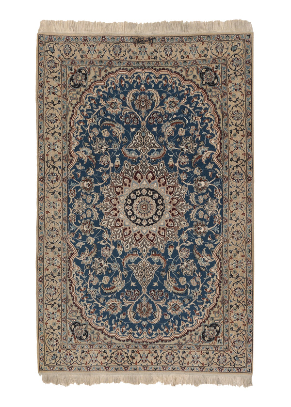 36139 Persian Rug Nain Handmade Area Traditional 4'2'' x 6'7'' -4x7- Blue Whites Beige Floral Design