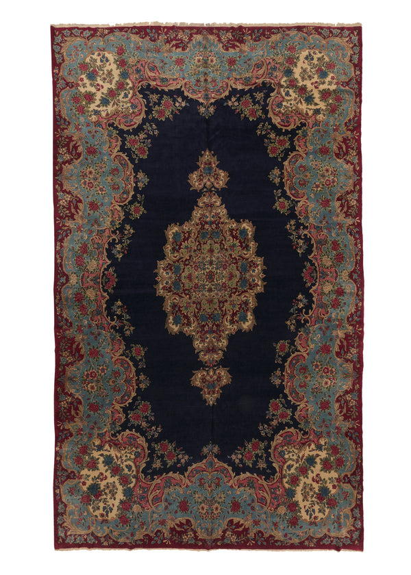 4169 Persian Rug Kerman Handmade Area Traditional 11'1'' x 19'9'' -11x20- Blue Red Open Field Floral Design