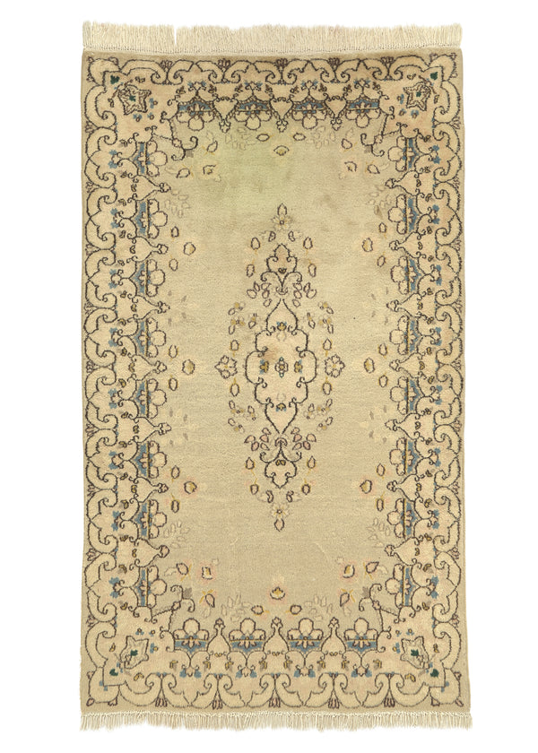 5453 Persian Rug Kerman Handmade Area Traditional 4'0'' x 7'0'' -4x7- Whites Beige Yellow Gold Open Field Floral Design