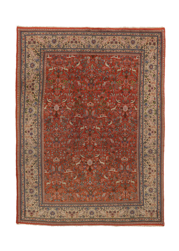 6348 Persian Rug Tabriz Handmade Area Traditional 9'7'' x 12'10'' -10x13- Red Whites Beige Animals Floral Design