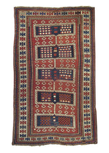 A10077 Caucasian Rug Kazak Handmade Area Tribal Vintage 4'0'' x 6'10'' -4x7- Red Blue Geometric Design