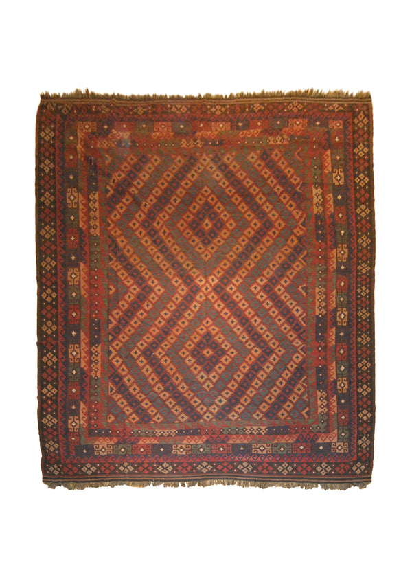 A10134 Oriental Rug Afghan Handmade Area Tribal 9'4'' x 12'5'' -9x12- Red Blue Kilim Geometric Design