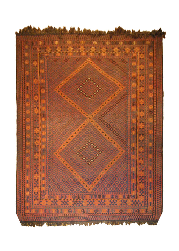 A10135 Oriental Rug Afghan Handmade Area Tribal 9'9'' x 15'2'' -10x15- Red Blue Kilim Geometric Design