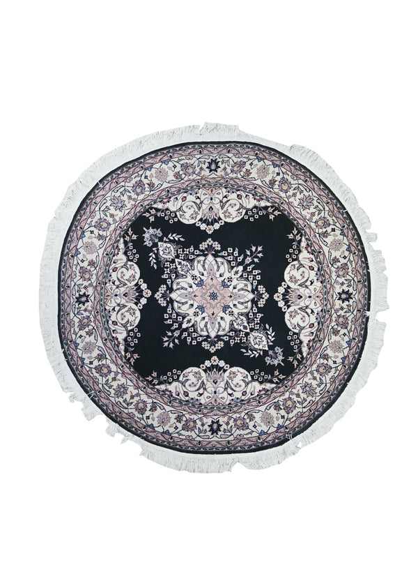 A10171 Oriental Rug Chinese Handmade Round Traditional 5'0'' x 5'0'' -5x5- Black Whites Beige Floral Design