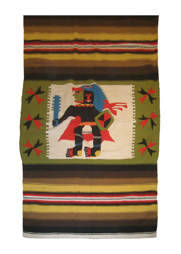 A10207 Native American Rug Mexico Handmade Area Tribal 3'11'' x 7'4'' -4x7- Yellow Gold Brown Green Geometric Design