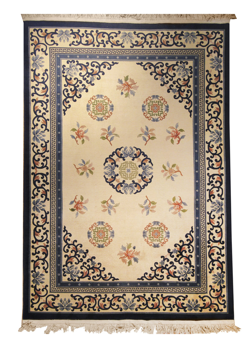 A10345 Oriental Rug Chinese Handmade Area Traditional 7'0'' x 10'0'' -7x10- Whites Beige Blue Floral Design