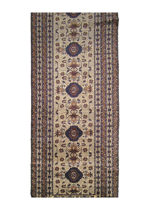 A10395 Oriental Rug Afghan Handmade Runner Tribal 3'1'' x 12'5'' -3x12- Whites Beige Blue Geometric Design