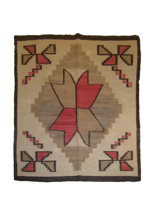 A10526 Native American Rug Navajo Handmade Area Tribal Antique 3'10'' x 5'0'' -4x5- Whites Beige Red Geometric Design