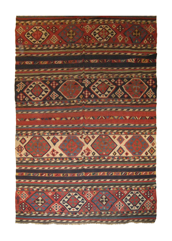 A10608 Caucasian Rug Shirvan Handmade Runner Tribal Antique 5'0'' x 10'9'' -5x11- Multi-color Red Kilim Geometric Design