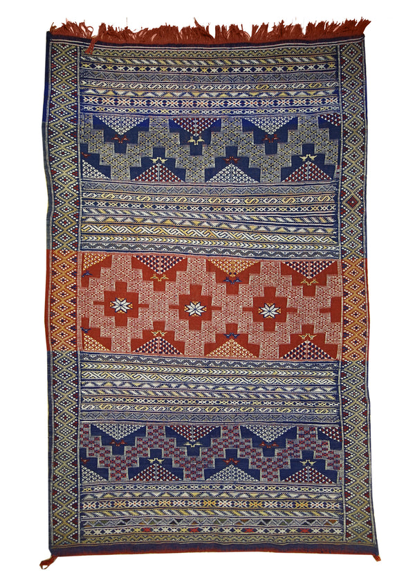 A10635 Oriental Rug Moroccan Handmade Area Tribal 3'9'' x 5'11'' -4x6- Red Blue Kilim Geometric Design